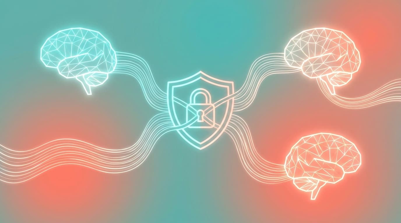 AIチャットのメモリー機能を象徴する3つのAI脳アイコンとプライバシー保護のシールド